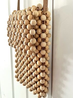 Beaded Bohemian Wooden Mini Crossbody Bag in Natural Beige